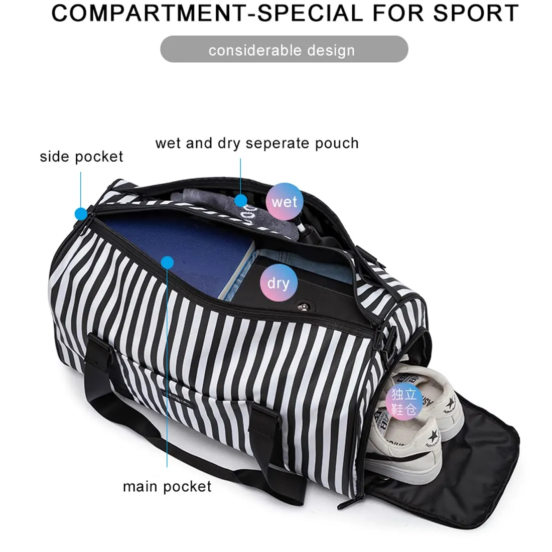 TUGUAN Large Capacity Water Resistant Polyester Unisex Travel Duffle Bag with Shoe Compartment (Stripe)