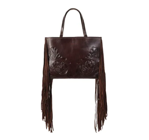 Victoria Tooled Leather Fringe Brown Tote Bag