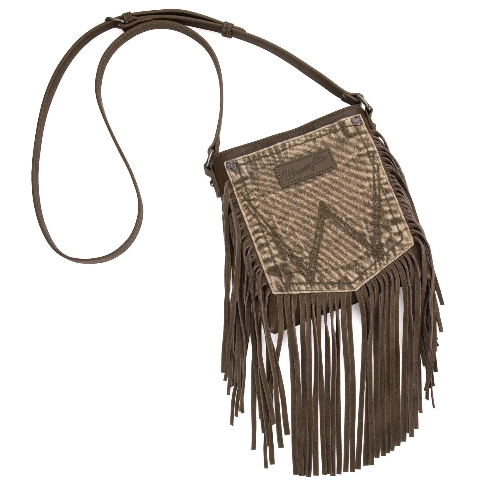 WG44-8360  Wrangler Leather Fringe Jean Denim Pocket Crossbody - Green