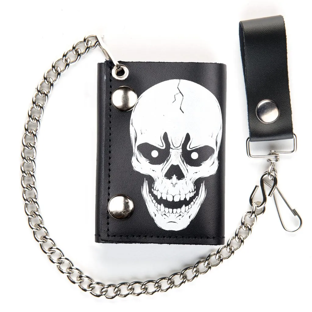 White Skull Tri-Fold Biker Wallet w/ Chain