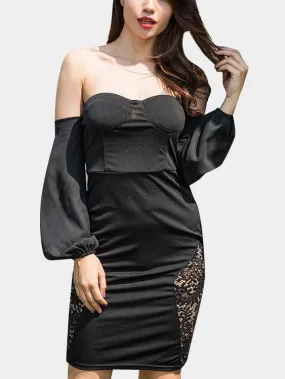 Wholesale Black Bateau Off The Shoulder Long Sleeve Plain Lace Zip Back Mini Dress