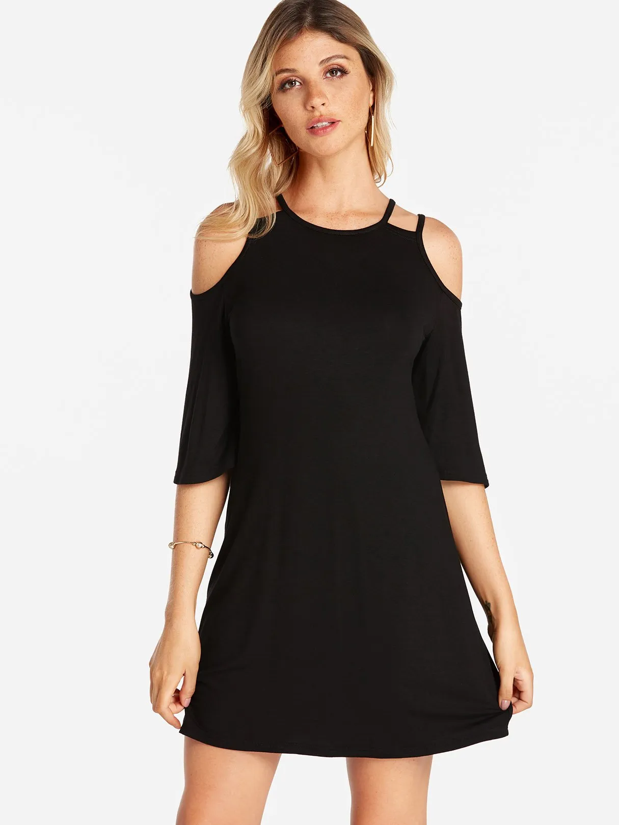 Wholesale Black Cold Shoulder 3/4 Length Sleeve Plain Mini Dresses