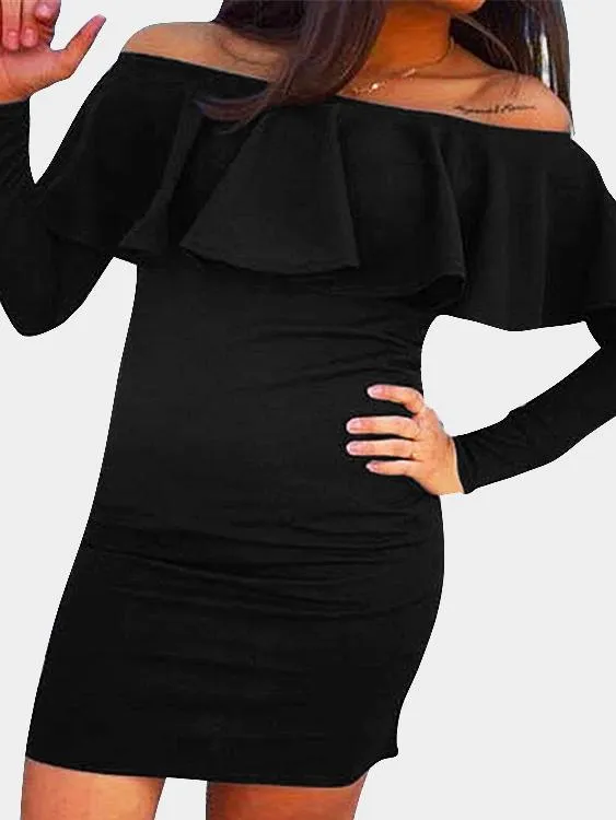 Wholesale Black Off The Shoulder Long Sleeve Plain Bodycon Mini Dresses