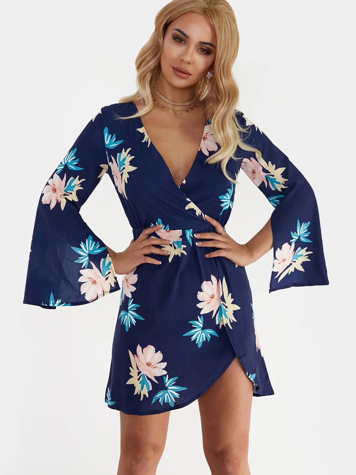 Wholesale Blue V-Neck Long Sleeve Floral Print Slit Irregular Hem Mini Dress