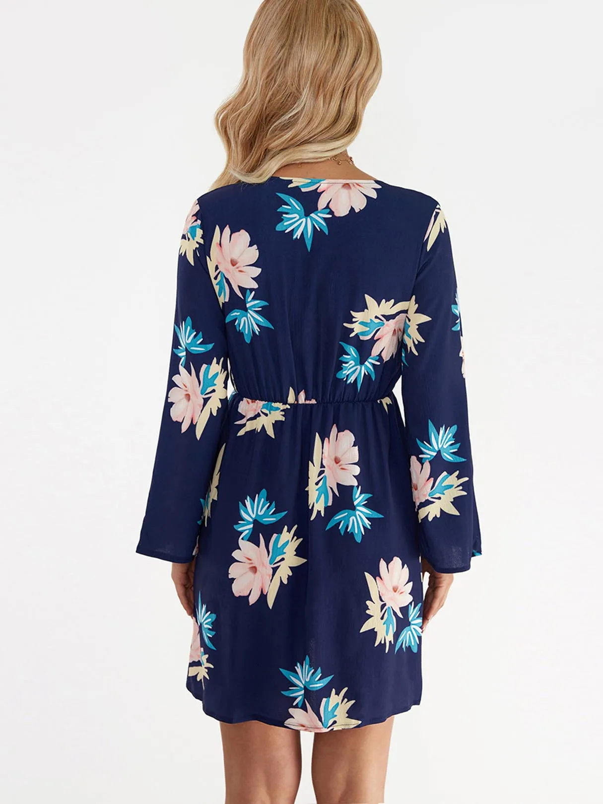 Wholesale Blue V-Neck Long Sleeve Floral Print Slit Irregular Hem Mini Dress