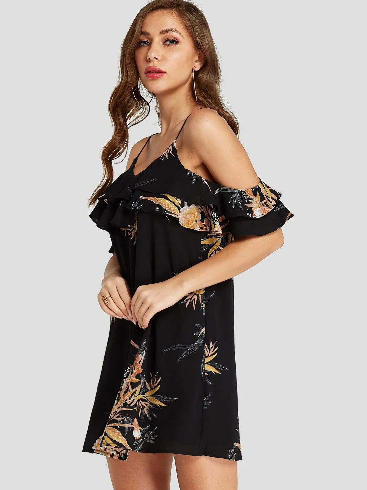 Wholesale Cold Shoulder Sleeveless Floral Print Backless Mini Dress