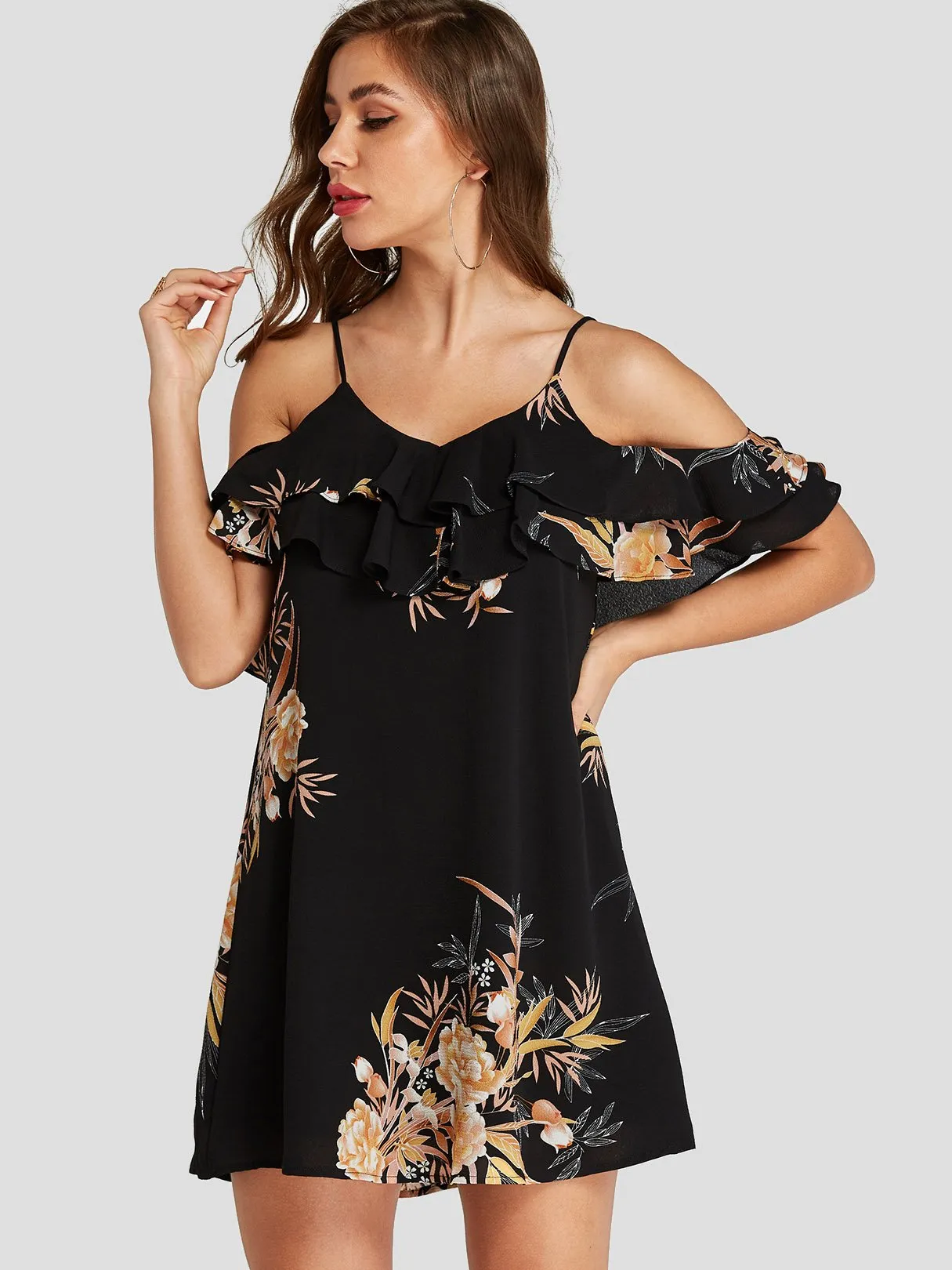 Wholesale Cold Shoulder Sleeveless Floral Print Backless Mini Dress