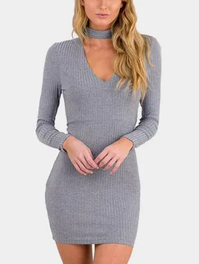 Wholesale Gray V-Neck Long Sleeve Plain Mini Dress