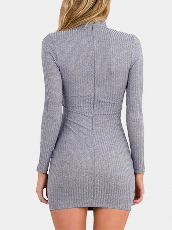 Wholesale Gray V-Neck Long Sleeve Plain Mini Dress