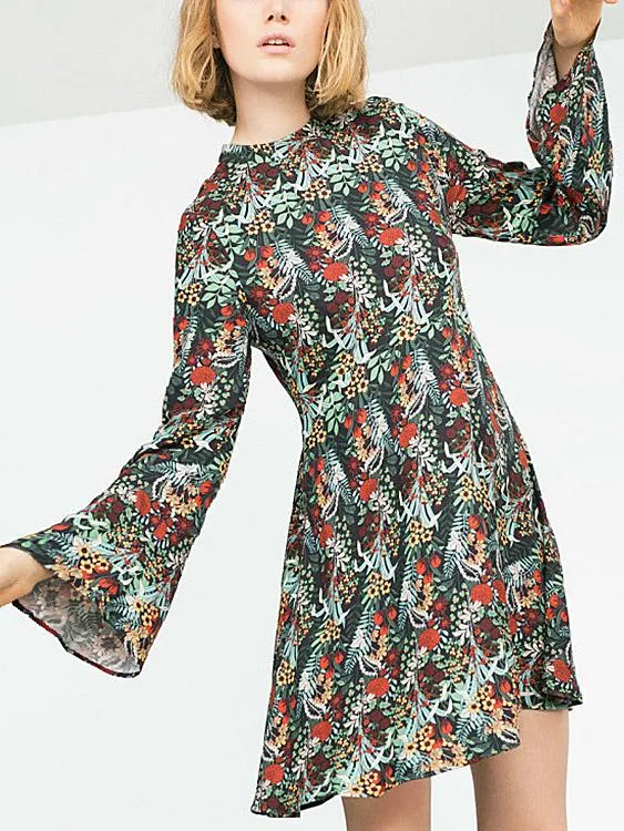 Wholesale Perkins Collar Long Sleeve Floral Print Ruffle Hem Mini Dress