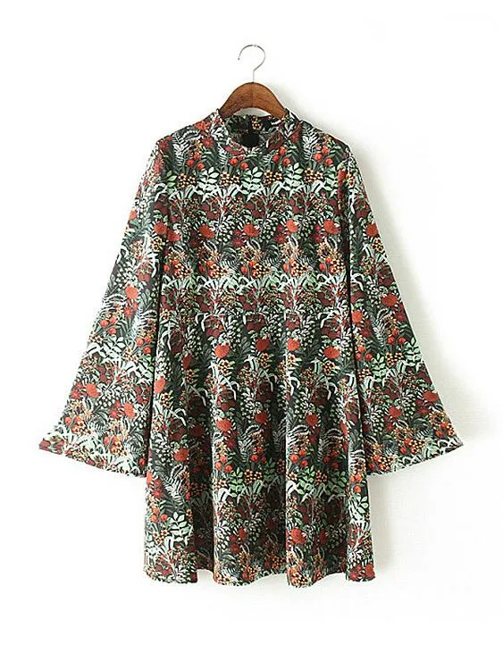 Wholesale Perkins Collar Long Sleeve Floral Print Ruffle Hem Mini Dress