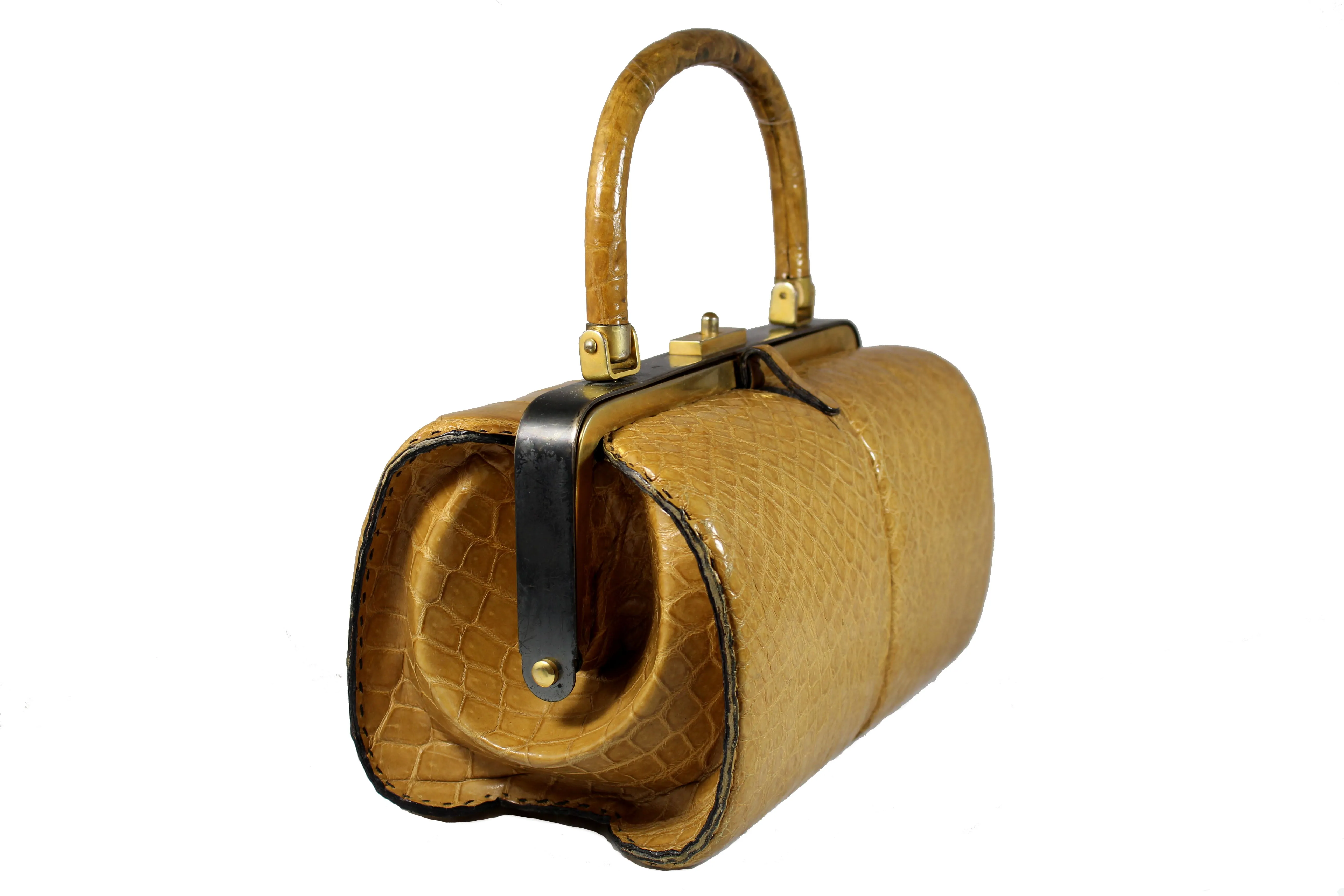 WIEN cylindrical caramel crocodile skin handbag