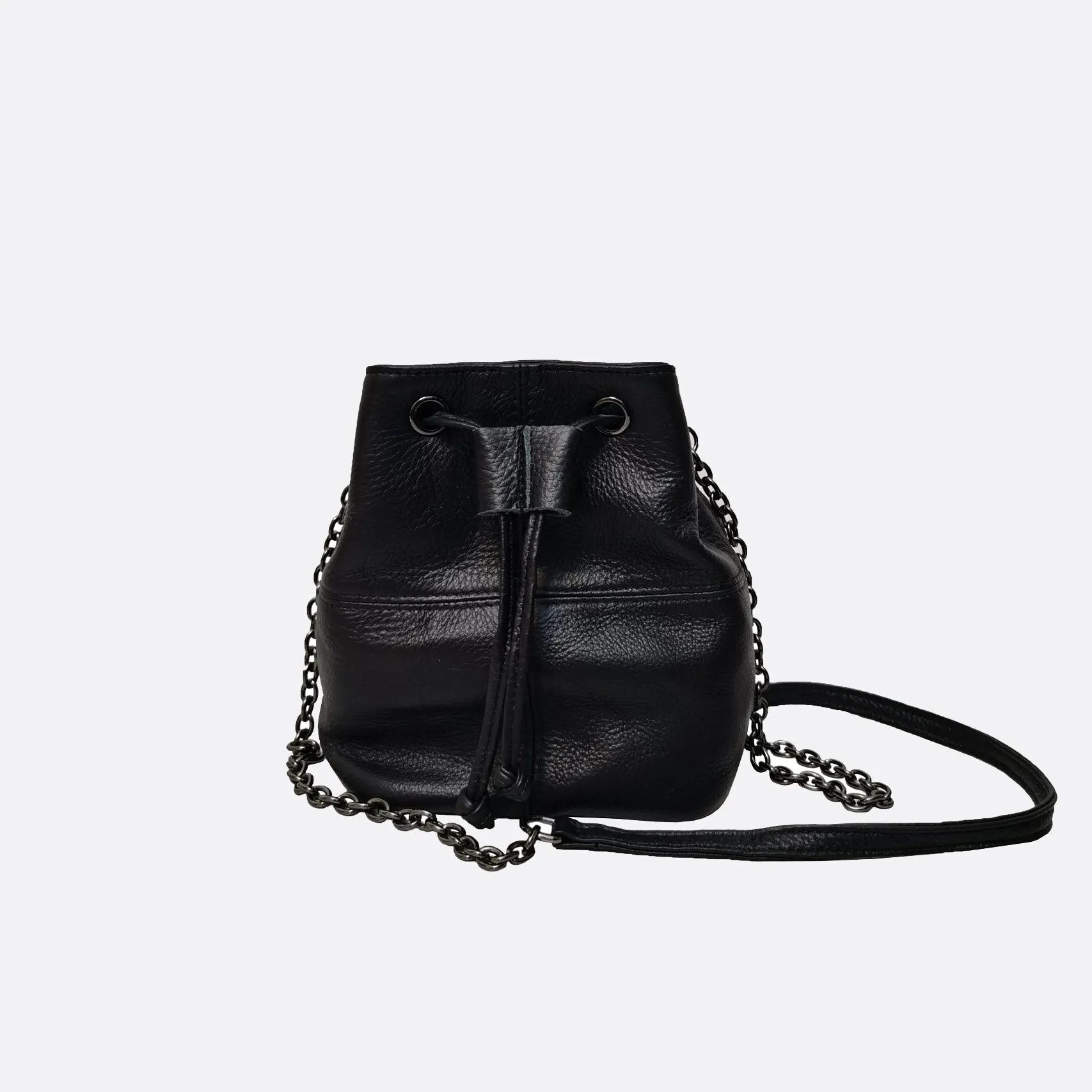 Women's genuine cowhide leather mini bucket bag with 2 straps