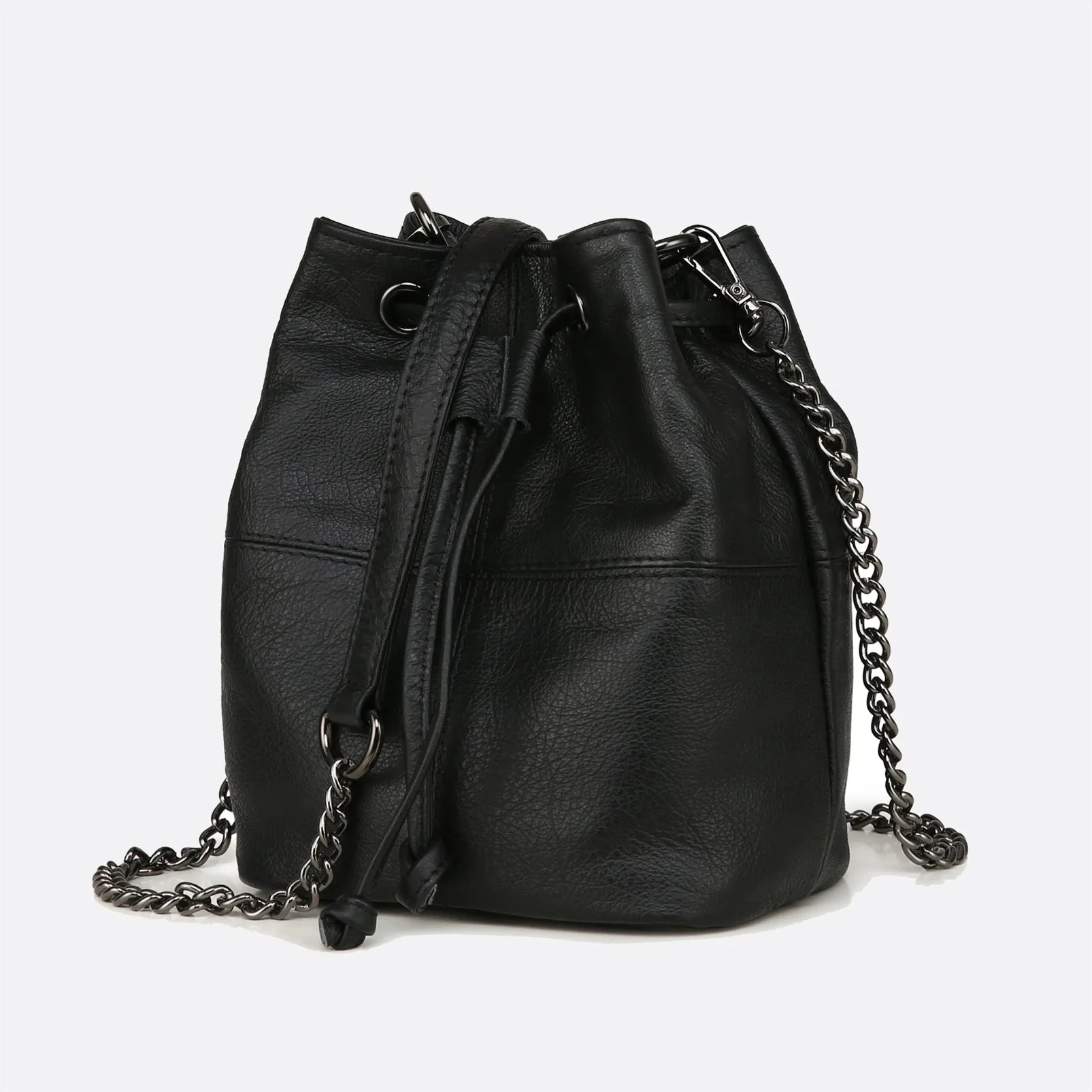 Women's genuine cowhide leather mini bucket bag with 2 straps