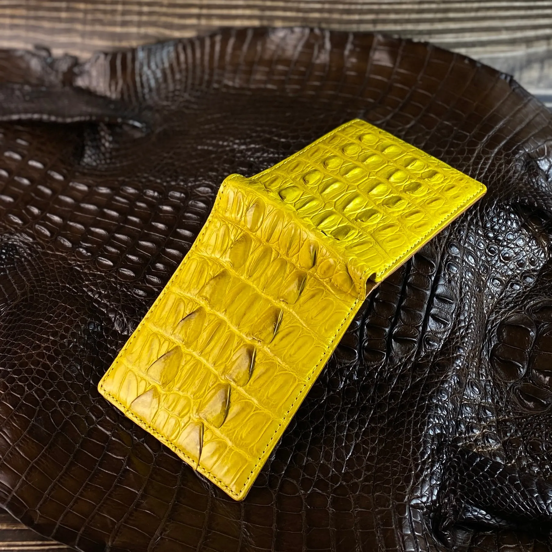 Yellow Alligator Tail Leather Bifold Wallet For Men | Handmade Crocodile Wallet RFID Blocking | VINAM-109