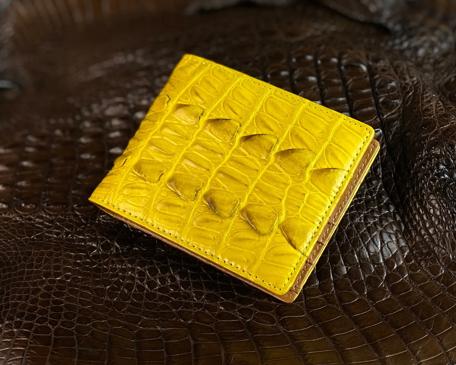 Yellow Alligator Tail Leather Bifold Wallet For Men | Handmade Crocodile Wallet RFID Blocking | VINAM-109