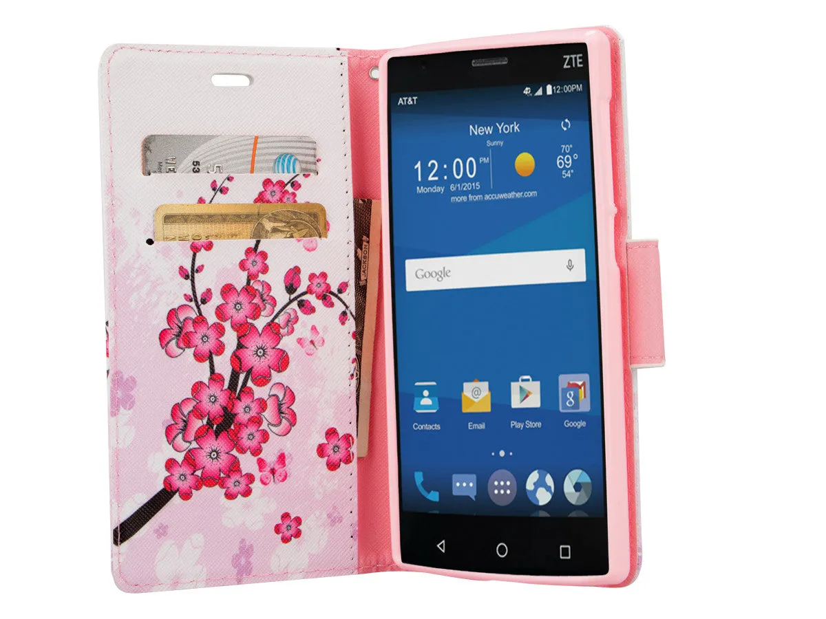 ZTE ZMAX 2 | Z958 Case, Wrist Strap Magnetic Fold[Kickstand] Pu Leather Wallet Case with ID & Credit Card Slots for ZTE ZMAX 2 - Cherry Blossom